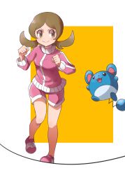 Rule 34 | 1girl, brown eyes, brown hair, closed mouth, creatures (company), full body, game freak, gen 2 pokemon, highres, jacket, long hair, long sleeves, low twintails, lyra (pokemon), marill, nintendo, pink footwear, pink jacket, pink shorts, pokemon, pokemon (creature), pokemon hgss, shoes, short shorts, shorts, smile, sneakers, standing, thigh gap, twintails, two-tone background, user ahrh3282, v-shaped eyebrows, white background, yellow background