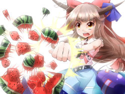 Rule 34 | 1girl, alternate hair color, belt, bow, breaking, brown hair, chain, clenched hand, cuffs, food, foreshortening, fruit, gourd, hair bow, hiro (pqtks113), horn ornament, horn ribbon, horns, ibuki suika, long hair, looking away, low-tied long hair, motion lines, name connection, object namesake, open mouth, ribbon, seed, shackles, shirt, simple background, skirt, sleeveless, sleeveless shirt, solo, touhou, very long hair, watermelon, white background, yellow eyes