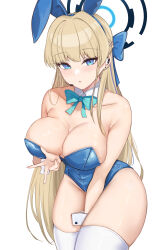 Rule 34 | 1girl, absurdres, akamashi, animal ears, bare shoulders, blonde hair, blue archive, blue eyes, blue leotard, bow, bowtie, braid, breasts, cleavage, detached collar, earpiece, fake animal ears, halo, highres, large breasts, leotard, long hair, looking at viewer, multicolored hair, official alternate costume, playboy bunny, rabbit ears, solo, strapless, strapless leotard, streaked hair, thighhighs, thighs, toki (blue archive), toki (bunny) (blue archive), v, very long hair, white background, white thighhighs, wrist cuffs