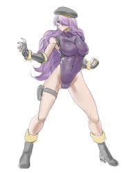 Rule 34 | 1girl, artist request, beret, boots, breasts, camilla (fire emblem), cammy white, cammy white (cosplay), cosplay, fingerless gloves, fire emblem, fire emblem fates, gloves, hair over one eye, hat, highleg, large breasts, leotard, long hair, looking at viewer, name connection, nintendo, purple eyes, purple hair, smile, solo, street fighter, thong leotard, tiara, very long hair, wavy hair