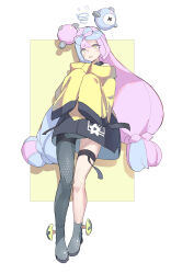 Rule 34 | 1girl, @ @, absurdres, bare shoulders, blue hair, blush, bow-shaped hair, creatures (company), game freak, grey pantyhose, grey shirt, highres, huanxiang huifeng, iono (pokemon), jacket, light blue hair, long hair, looking up, multicolored hair, nintendo, off-shoulder jacket, off shoulder, pantyhose, pink eyes, pink hair, pokemon, pokemon sv, shirt, single leg pantyhose, sleeves past fingers, sleeves past wrists, solo, tears, twintails, two-tone hair, very long hair, very long sleeves, wide sleeves, yellow background, yellow jacket