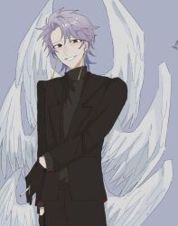 Rule 34 | 1boy, black gloves, black jacket, black pants, black sweater, cigarette, cowboy shot, earrings, feathered wings, gloves, highres, holding, holding cigarette, jacket, jewelry, long sleeves, looking at viewer, male focus, multiple wings, open clothes, open jacket, pants, pidian zhanshi, purple hair, red eyes, saibou shinkyoku, short hair, smile, solo, sweater, theodore riddle, turtleneck, turtleneck sweater, white wings, wings