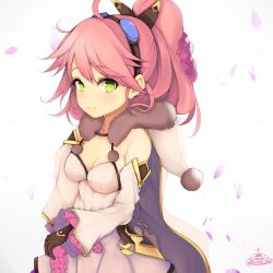 Rule 34 | 1girl, ahoge, black gloves, breasts, cleavage, closed mouth, cowboy shot, detached sleeves, flower knight girl, gloves, goggles, goggles on head, green eyes, highres, looking at viewer, medium breasts, petals, pink hair, ponytail, short hair, signature, simple background, skirt, smile, solo, stock (flower knight girl), suzume (simple0091), white background