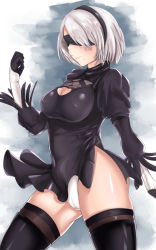 Rule 34 | 1girl, akaokuro oumu, black dress, black footwear, black thighhighs, blindfold, boots, breasts, cameltoe, cleavage, cleavage cutout, cleft of venus, clothing cutout, covered erect nipples, cowboy shot, dress, gloves, hairband, highleg, highleg leotard, highres, juliet sleeves, large breasts, leotard, long sleeves, mole, mole under mouth, nier (series), nier:automata, puffy sleeves, shiny skin, short dress, short hair, silver hair, simple background, solo, standing, thigh boots, thighhighs, white leotard, 2b (nier:automata)