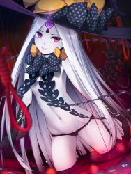 Rule 34 | 1girl, abigail williams (fate), abigail williams (third ascension) (fate), black bow, black hat, black panties, bow, colored skin, fate/grand order, fate (series), forehead, glowing, glowing eye, hat, highres, keyhole, long hair, looking at viewer, navel, noose, omochi (youmu46), orange bow, panties, parted bangs, pink eyes, polka dot, polka dot bow, smile, solo, thighs, third eye, underwear, wading, white hair, white skin, witch hat