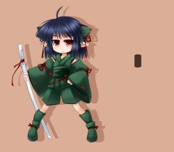 Rule 34 | 1girl, ass, blue hair, blush, boots, fairy, flat chest, japanese clothes, kimono, kso, red eyes, ribbon, short hair, weapon