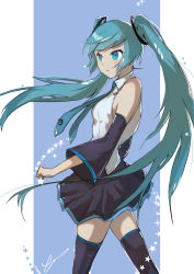 Rule 34 | 1girl, absurdres, bare shoulders, black skirt, black thighhighs, blonde hair, blue eyes, blue necktie, clip studio paint (medium), closed mouth, collared shirt, cropped legs, detached sleeves, dress shirt, error1945, from side, gradient eyes, green eyes, hatsune miku, highres, long hair, looking away, multicolored eyes, necktie, photoshop (medium), pleated skirt, shirt, signature, simple background, skirt, sleeveless, sleeveless shirt, solo, star (symbol), thighhighs, tie clip, twintails, very long hair, vocaloid, white shirt, zettai ryouiki