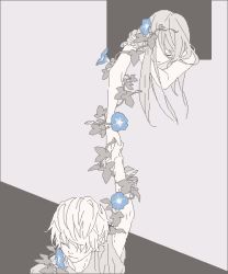 Rule 34 | 1boy, 1girl, blue flower, closed eyes, expressionless, flower, grey background, grey hair, greyscale, holding hands, kai (dweep), long hair, monochrome, morning glory, oekaki, original, outstretched arm, plant, short hair, simple background, standing, upper body, window