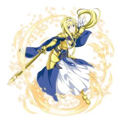 Rule 34 | 1girl, alice zuberg, armor, armored boots, armored dress, blonde hair, blue eyes, boots, floating hair, full body, gauntlets, hair ribbon, hairband, holding, holding sword, holding weapon, long hair, looking at viewer, ponytail, ribbon, simple background, solo, sword, sword art online, very long hair, weapon, white background, white hairband, white ribbon