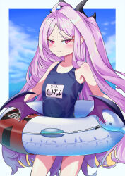 Rule 34 | 1girl, ahoge, blue archive, blush, breasts, demon girl, demon horns, halo, highres, hina (blue archive), hina (swimsuit) (blue archive), horns, lifebuoy, long hair, multiple horns, name tag, old school swimsuit, purple eyes, purple hair, school swimsuit, small breasts, swim ring, swimsuit