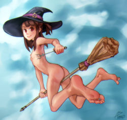Rule 34 | 10s, 1girl, asmo deus, ass, barefoot, blue background, blue sky, blunt bangs, breasts, broom, broom riding, brown hair, cloud, feet, female focus, flying, foot focus, full body, hat, holding, holding wand, kagari atsuko, little witch academia, long hair, looking at viewer, nipples, nude, red eyes, sky, small breasts, smile, soles, solo, toes, wand, witch, witch hat, wizard hat