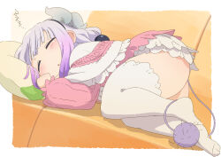 Rule 34 | 1girl, ass, beads, blush, border, capelet, closed eyes, commentary request, couch, dragon girl, dragon horns, dress, female focus, frilled capelet, frills, full body, gradient hair, hair beads, hair ornament, highres, horns, kanna kamui, kobayashi-san chi no maidragon, legs, light purple hair, long sleeves, lying, multicolored hair, no shoes, on couch, on side, parted lips, pink dress, purple hair, samansa ex, sleeping, solo, tail, thighhighs, thighs, white border, white capelet, white thighhighs, zzz