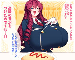 Rule 34 | 1girl, arm under breasts, text background, breasts, buttons, double-breasted, drill hair, food, gigantic breasts, gloves, green eyes, hair between eyes, highres, japanese text, long hair, long sleeves, looking at viewer, motion lines, necktie, no nose, open mouth, red hair, sidelocks, solo, taut clothes, translation request, uniform, white gloves, yasume (cheap melon soda)