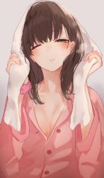 Rule 34 | 1girl, after bathing, blush, breasts, brown hair, buttons, collarbone, commentary request, drying, drying hair, enushi, green eyes, grey background, half-closed eye, hands up, highres, idolmaster, idolmaster cinderella girls, long hair, long sleeves, looking at viewer, medium breasts, no bra, one eye closed, pajamas, parted lips, partially unbuttoned, pink pajamas, pink scrunchie, sakuma mayu, scrunchie, simple background, solo, steam, towel, towel on head, upper body, water drop, wet, wet hair, white towel, wrist scrunchie