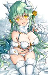 Rule 34 | 1girl, animal ears, breasts, cosplay, dragon girl, dragon horns, elbow gloves, fate/grand order, fate (series), fur-trimmed gloves, fur-trimmed legwear, fur bikini, fur collar, fur trim, gloves, green hair, halloween, halloween costume, highres, horns, kiyohime (fate), large breasts, long hair, looking at viewer, mash kyrielight, mash kyrielight (dangerous beast), mash kyrielight (dangerous beast) (cosplay), morizono shiki, multiple horns, o-ring, o-ring top, official alternate costume, revealing clothes, sitting, solo, tail, wolf ears, wolf girl, wolf tail, yellow eyes