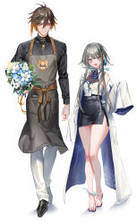 Rule 34 | 1boy, 1girl, absurdres, alternate costume, apron, black footwear, black hair, black skirt, blue eyes, blue flower, bouquet, breasts, brown hair, closed mouth, coat, contemporary, flower, full body, genshin impact, grey hair, guizhong (genshin impact), guoba (genshin impact), hair between eyes, hair ornament, highres, holding, holding bouquet, id card, long hair, long sleeves, looking at viewer, medium breasts, modern au, multicolored hair, off shoulder, open clothes, open coat, open mouth, orange eyes, orange hair, pants, pencil skirt, ponytail, pottsness, side slit, simple background, skirt, sleeves past fingers, sleeves past wrists, standing, tassel, white background, white coat, white flower, white pants, zhongli (genshin impact)