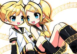 Rule 34 | 1boy, 1girl, bare shoulders, beamed eighth notes, black collar, black shorts, black sleeves, blonde hair, blue eyes, bow, brother and sister, collar, commentary, detached sleeves, eighth note, feet out of frame, hair bow, hair ornament, hairclip, highres, kagamine len, kagamine rin, kasaki sakura, knees up, leg warmers, looking at another, musical note, musical note background, neckerchief, necktie, open mouth, quarter note, sailor collar, school uniform, shirt, short hair, short ponytail, short shorts, short sleeves, shorts, siblings, side-by-side, sitting, smile, spiked hair, staff (music), swept bangs, twins, vocaloid, white background, white bow, white shirt, yellow neckerchief