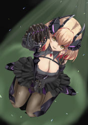 Rule 34 | 1girl, absurdres, artist request, azur lane, black choker, black dress, black gloves, breasts, choker, cleavage, corset, detached sleeves, dress, frilled cuffs, frilled dress, frills, full body, gloves, headgear, highres, holding, holding microphone, holding microphone stand, large breasts, light brown hair, looking at viewer, microphone, microphone stand, multicolored hair, pantyhose, red hair, roon (azur lane), roon (muse) (azur lane), solo, streaked hair, yellow eyes
