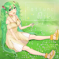 Rule 34 | 1girl, absurdres, artist name, character name, choker, digital media player, dress, earbuds, earphones, feet, flower, from side, full body, grass, green eyes, green hair, hair flower, hair ornament, hatsune miku, highres, ipod, long hair, looking at viewer, matching hair/eyes, mizuiro 32, nail polish, open mouth, outdoors, sandals, sitting, solo, toenail polish, toenails, toes, twintails, very long hair, vocaloid
