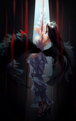 Rule 34 | 1girl, albedo (overlord), arm up, black hair, black wings, breasts, commentary, demon girl, demon horns, dress, elbow gloves, feathered wings, frilled gloves, frills, from side, full body, gloves, hair between eyes, highres, hip vent, horns, large breasts, long dress, long hair, looking at viewer, looking to the side, low horns, low wings, off-shoulder dress, off shoulder, overlord (maruyama), sandals, sayuumigi, solo, very long hair, white dress, white gloves, white horns, wings