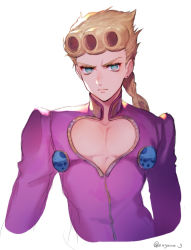 Rule 34 | 1boy, 723 (tobi), blonde hair, braid, braided ponytail, closed mouth, earrings, giorno giovanna, green eyes, jacket, jewelry, jojo no kimyou na bouken, lips, long hair, long sleeves, looking back, pink jacket, simple background, sketch, solo, twitter username, unfinished, vento aureo, white background