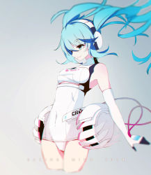 Rule 34 | 10s, 1girl, 2014, armpits, blue eyes, blue hair, cable, character name, cropped legs, elbow gloves, gloves, grey background, hatsune miku, headphones, highres, looking to the side, matching hair/eyes, navel, one-piece swimsuit, profile, racing miku, racing suit, simple background, smile, solo, standing, swimsuit, tight clothes, twintails, vocaloid, white one-piece swimsuit, yufei lin