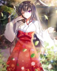 Rule 34 | 1girl, absurdres, bad id, bad pixiv id, black hair, bow, commentary request, day, ecu8080, hair between eyes, hakama, hakama skirt, highres, holding, huge filesize, japanese clothes, kimono, lens flare, light particles, long hair, looking at viewer, miko, one eye closed, open mouth, original, outdoors, purple eyes, red bow, red hakama, revision, skirt, solo, standing, very long hair, white kimono