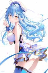 Rule 34 | 1girl, ahoge, bare arms, blue hair, blue ribbon, blue thighhighs, blush, braid, breasts, cowboy shot, dress, elf, finger heart, from side, hair between eyes, half updo, hat, heart, heart ahoge, highres, hololive, large breasts, long hair, looking at viewer, looking to the side, multicolored hair, parted lips, pointy ears, ribbon, rin yuu, sleeveless, sleeveless dress, solo, standing, streaked hair, thighhighs, virtual youtuber, white dress, white hat, yellow eyes, yukihana lamy