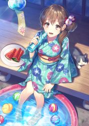 Rule 34 | 1girl, :d, animal, aqua kimono, ball, bottle, breasts, brown eyes, brown hair, cat, commentary request, day, earrings, flower, food, from above, glint, hair bun, hair flower, hair ornament, holding, holding bottle, japanese clothes, jewelry, kimono, long hair, long sleeves, looking at viewer, looking up, obi, open mouth, original, plate, popsicle, print kimono, rubber duck, sash, side bun, side ponytail, single hair bun, single side bun, sitting, small breasts, smile, solo, sunlight, veranda, wading, wading pool, water, water bottle, watermelon bar, wide sleeves, wind chime, yamigo