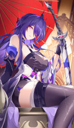 Rule 34 | 1girl, absurdres, acheron (honkai: star rail), ahoge, alternate breast size, armor, bandaged leg, bandages, bare shoulders, belt, black belt, black choker, black gloves, black shorts, boots, breasts, chinese commentary, choker, cleavage, coat, coattails, commentary, criss-cross halter, diamond-shaped pupils, diamond (shape), eyes visible through hair, feet out of frame, from side, gloves, hair intakes, hair ornament, hair over one eye, halterneck, highres, holding, holding sword, holding weapon, honkai: star rail, honkai (series), large breasts, long hair, looking at viewer, midriff, multicolored hair, navel, oil-paper umbrella, parted lips, purple eyes, purple hair, rain, red umbrella, scabbard, sheath, sheathed, shorts, shoulder armor, single wide sleeve, sitting, solo, streaked hair, sword, symbol-shaped pupils, thigh boots, thighs, umbrella, very long hair, weapon, white coat, ziluolan jia de mao