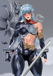 Rule 34 | 1girl, abs, armor, blue hair, blush, bodysuit, bowalia, breasts, clenched hand, covered navel, cowboy shot, fingerless gloves, gloves, long hair, muscular, muscular female, needle, open mouth, original, purple eyes, scarf, simple background, steam, tape, thigh gap, toned, torn clothes