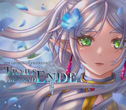Rule 34 | 1girl, artist name, blue flower, close-up, commentary, cover, drop earrings, earrings, eiyuu densetsu, english commentary, eyelashes, fake cover, flower, frieren, gold trim, green eyes, hair flower, hair ornament, hajimari no kiseki, harukahoshimi, highres, jewelry, long hair, looking at viewer, nemophila (flower), parted bangs, parted lips, petals, solo, sousou no frieren, twitter username, upper body, video game cover, white hair