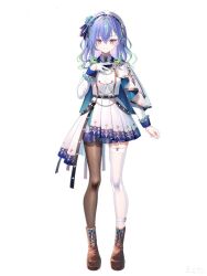 Rule 34 | 1girl, asymmetrical legwear, blue hair, boots, brown footwear, brown pantyhose, closed mouth, cross-laced footwear, full body, garter straps, gloves, grey hair, hair between eyes, half gloves, hand on own chest, hat, highres, long sleeves, looking at viewer, medium hair, mismatched legwear, mole, mole under eye, multicolored hair, nanashi inc., pantyhose, pink eyes, riichu, shirt, simple background, single glove, single leg pantyhose, single thighhigh, skirt, smile, solo, standing, streaked hair, suzumi nemo, thighhighs, virtual youtuber, white background, white gloves, white hat, white shirt, white skirt, white thighhighs