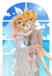 Rule 34 | 1boy, 1girl, absurdres, aqua eyes, bad id, bad pixiv id, bare shoulders, blonde hair, blush, bracelet, bridal veil, bride, brother and sister, carrying, cloud, couple, day, dress, earrings, elbow gloves, flat chest, gloves, hair ornament, hair ribbon, hairclip, hetero, highres, incest, jewelry, kagamine len, kagamine rin, necktie, okitsune (okitsune-sama), open mouth, ponytail, princess carry, ribbon, short hair, siblings, skirt, sky, smile, twincest, twins, veil, vocaloid, wedding, wedding dress, window