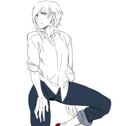 Rule 34 | 1boy, alternate costume, androgynous, blue eyes, capri pants, closed mouth, collarbone, cowboy shot, flat color, frown, hand on thigh, legs, looking at viewer, male focus, metal gear (series), moroto, pants, partially colored, raiden (metal gear), red footwear, shirt, shoes, simple background, solo, thighs, white background, white hair
