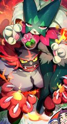Rule 34 | animal hands, carrying, carrying person, claws, creatures (company), fire, from above, game freak, gen 7 pokemon, highres, incineroar, looking at viewer, looking up, meowscarada, nintendo, open mouth, pokemon, pokemon (creature), pokemon sv, sitting on arm, standing, tamukoro, teeth