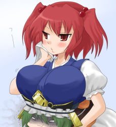 Rule 34 | 2girls, angry, breast rest, breasts, breasts on head, female focus, green hair, hair bobbles, hair ornament, hat, huge breasts, jealous, multiple girls, onozuka komachi, oro (zetsubou girl), red eyes, red hair, shiki eiki, touhou, translated, twintails, two side up