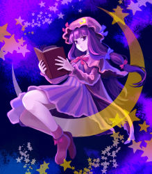 Rule 34 | 1girl, bad id, bad pixiv id, book, crescent, crescent moon, female focus, hat, jino, long hair, moon, patchouli knowledge, purple eyes, purple hair, solo, star (symbol), touhou