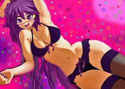 Rule 34 | 1girl, :d, arm support, arm up, armpits, arms up, blush, bow, bow bra, bow panties, bra, breasts, cleavage, clenched hand, fingernails, frilled panties, frills, goggles, gradient background, hand on own head, just anime network, justdubs, kami (justdubs), large breasts, lingerie, long fingernails, long hair, looking at viewer, lying, mascot, nail polish, navel, on side, open mouth, panties, pink eyes, pink theme, purple bra, purple hair, purple panties, purple thighhighs, ribbon, sideboob, smile, solo, star (symbol), starry background, thighhighs, third-party edit, underwear, underwear only, wide hips