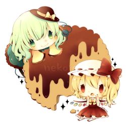 Rule 34 | 2girls, :3, artist name, blonde hair, bow, chibi, chocolate, chocolate covered, cookie, eyeball, fang, flandre scarlet, food, food on face, green eyes, green hair, hand on own face, hat, hat ribbon, heart, komeiji koishi, mike (mikeneko), multiple girls, open mouth, red eyes, ribbon, short hair, side ponytail, skirt, smile, third eye, touhou, trait connection, wings