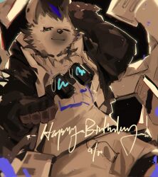 Rule 34 | 1boy, arknights, black eyes, black gloves, black jacket, canister, closed mouth, fingerless gloves, furry, furry male, gloves, grey pants, grey shirt, happy birthday, highres, hyena boy, jacket, long sleeves, male focus, multicolored hair, one eye closed, p7ywirzyw8lesuc, pants, shirt, smile, solo, spot (arknights), streaked hair