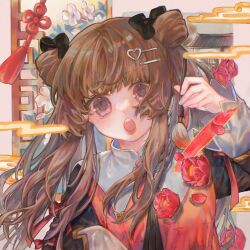 Rule 34 | 1girl, anafei, black bow, bow, brown hair, chinese clothes, commentary, double bun, english commentary, flower, hair bow, hair bun, hair ornament, hairclip, hand up, heart, heart hair ornament, holding, holding brush, long hair, long sleeves, looking at viewer, open mouth, original, petals, pink eyes, red bow, red flower, sidelocks, solo, tassel, teeth, upper body, upper teeth only, white flower