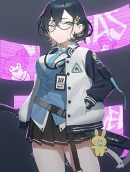 Rule 34 | 1girl, black hair, blouse, blue archive, blue eyes, blue shirt, chihiro (blue archive), collared shirt, glasses, highres, hoyhoy colo, jacket, necktie, shirt, skirt, solo, thighs