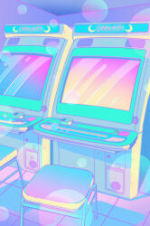 Rule 34 | arcade, arcade cabinet, astro city, controller, game console, highres, indoors, no humans, original, owakita, pastel colors, stool, tile floor, tiles, twitter username, video game