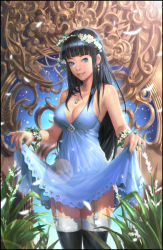 Rule 34 | 1girl, bare shoulders, black hair, black thighhighs, blue dress, blue eyes, blunt bangs, border, breasts, cleavage, clothes lift, dress, dress lift, earrings, eyelashes, fingernails, flower, flower bracelet, garter straps, hair flower, hair ornament, hairband, jewelry, kilart, lace, lace-trimmed legwear, lace trim, lens flare, long hair, md5 mismatch, medium breasts, necklace, nose, original, revision, ring, solo, thighhighs