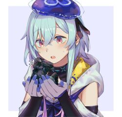 Rule 34 | 1boy, 1other, arknights, blue hair, blue neckerchief, cape, clothing cutout, detached sleeves, doctor (arknights), highres, holding, hood, hood down, hood up, hooded cape, infection monitor (arknights), light blue hair, mini person, mizuki (arknights), nabeno desu, neckerchief, parted lips, pink eyes, short hair with long locks, simple background, surprised, trap, white cape