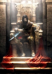 Rule 34 | 1boy, belt, boots, chair, dark persona, knife, male focus, prince (sands of time), prince of persia, sand, scarf, sitting, solo, stairs, throne, ubisoft, weapon