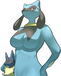 Rule 34 | 1boy, 1girl, animal ears, animal hands, breasts, creatures (company), furry, game freak, gen 4 pokemon, giant, giantess, hand on own hip, large breasts, looking to the side, looking up, lucario, mega lucario, mega pokemon, nintendo, no nipples, pokemon, pokemon (creature), pokemon dppt, red eyes, riolu, simple background, size difference, smile, soryuu, standing, white background, wolf ears