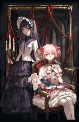 Rule 34 | 2girls, absurdres, akemi homura, armchair, black hair, bow, capelet, chair, dress, expressionless, feet out of frame, flower, frilled dress, frilled skirt, frills, hair bow, hallway, highres, holding candle stand, kaname madoka, layered skirt, long hair, mahou shoujo madoka magica, mento, multiple girls, neck ribbon, parted lips, picture frame, pink dress, pink eyes, pink hair, purple bow, purple capelet, purple dress, purple eyes, red bow, red ribbon, ribbon, rose, shirt, short hair, short twintails, sitting, skirt, smile, standing, thighhighs, twintails, white flower, white rose, white shirt, white thighhighs