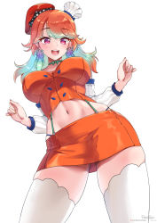 Rule 34 | 1girl, breasts, chef hat, earrings, feather earrings, feathers, foxyreine, from below, gradient hair, hat, highres, hololive, hololive english, jewelry, large breasts, long hair, looking at viewer, midriff, miniskirt, multicolored hair, nail polish, narrow waist, open mouth, orange hair, panty straps, purple eyes, simple background, skirt, solo, takanashi kiara, takanashi kiara (1st costume), thighhighs, thighs, virtual youtuber, white background, white thighhighs